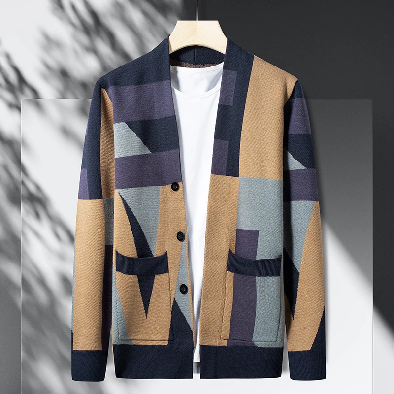 

High Quality Men's Knitted Cardigan V-Neck Patchwork Color Pocket Long Sleeved Sweater 2023Autumn Korean Fashion Casual Clothing