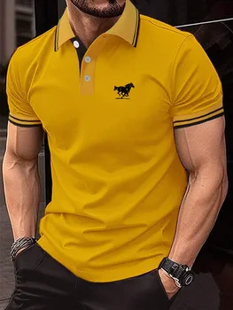 Men Horse Print Striped Trim Polo T-Shirt