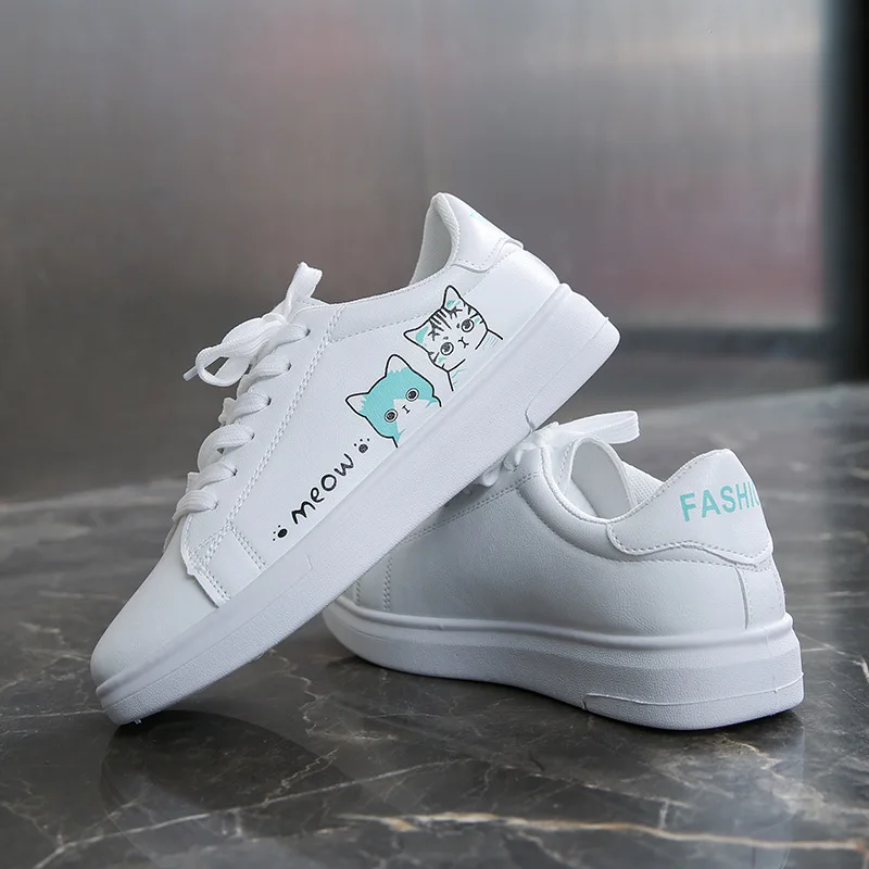 Women Sneakers Fashion Breathble Vulcanized Shoes Pu Cute Cat Cartoon Lace Up Casual White Women Shoes Zapatos De Mujer Female - 6