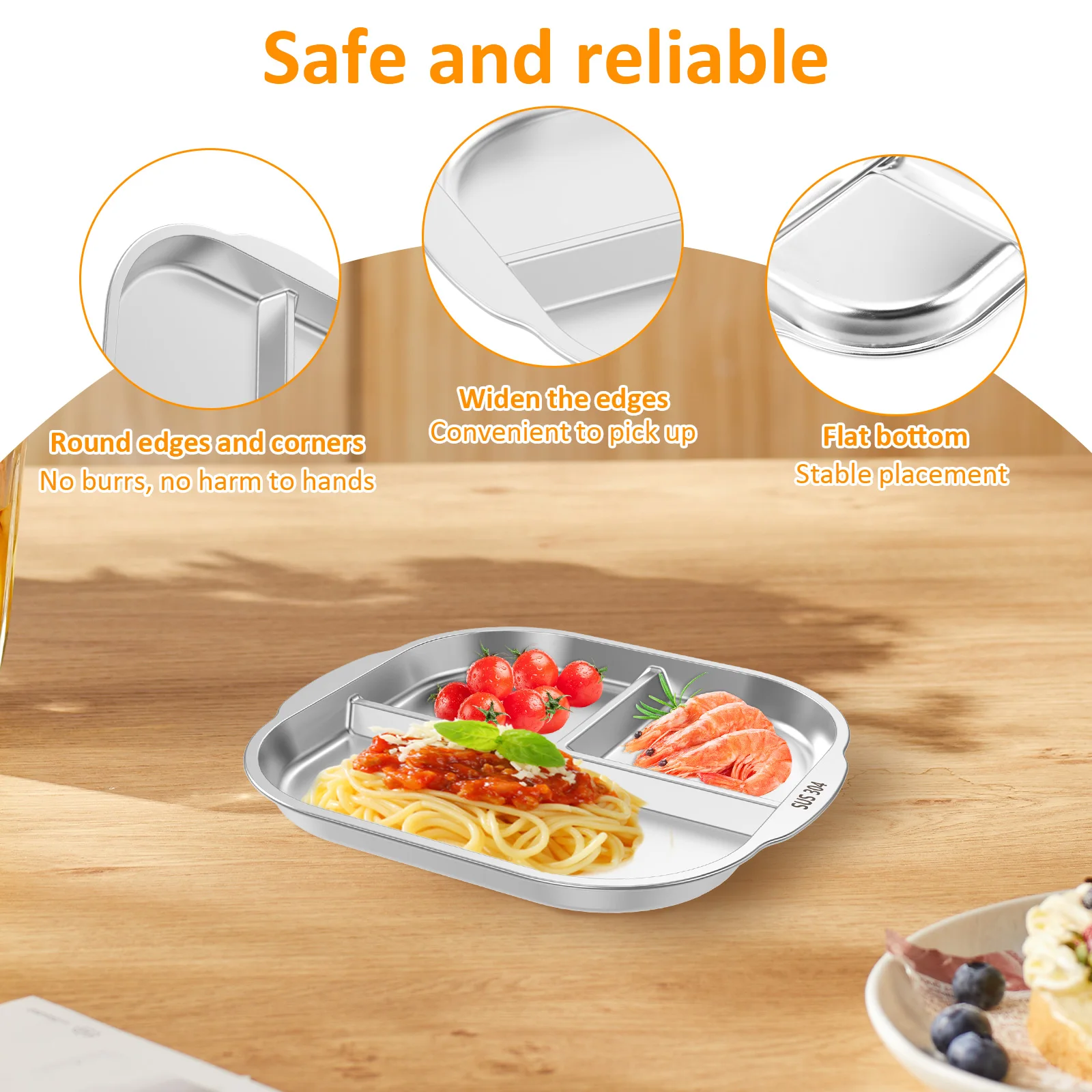 2Pcs Stainless Steel Divided Plates 3 Compartments Stainless Steel Snack Plate Reusable Divided Dinner Plates for Kids Adults