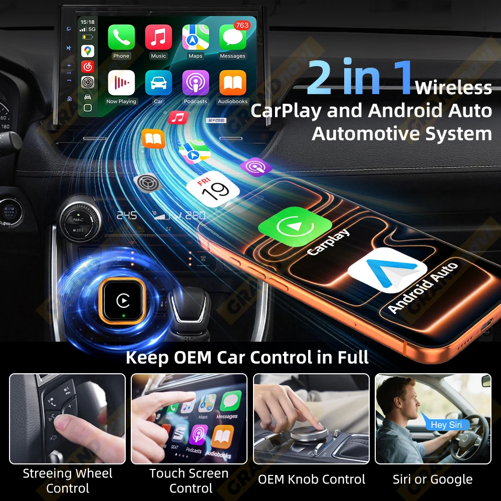 Orange 2-in-1 Wireless CarPlay and Android Auto Smart Dongle Adapter