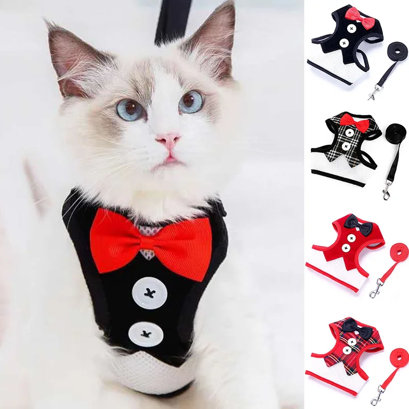 

Puppy Cat Harness and Leash Set Breathable Pet Harness Vest For Small Dogs Rabbits Mesh Dress Bow Chest Belt Collar Chihuahua