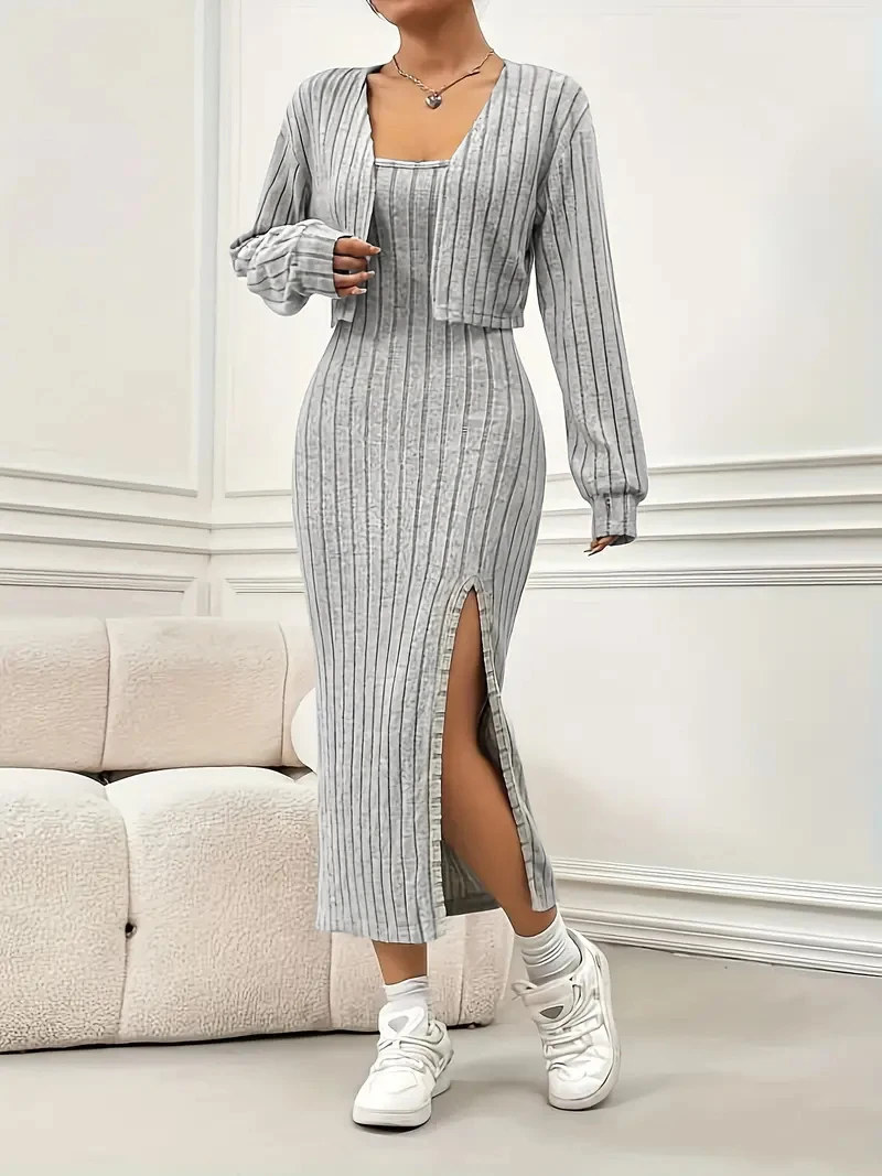 Ensemble 2 pièces côtelé pour femme grande taille : Cardigan court à manches longues et ouverture frontale, et jupe moulante mi-longue à bretelles spaghetti avec fente latérale 1