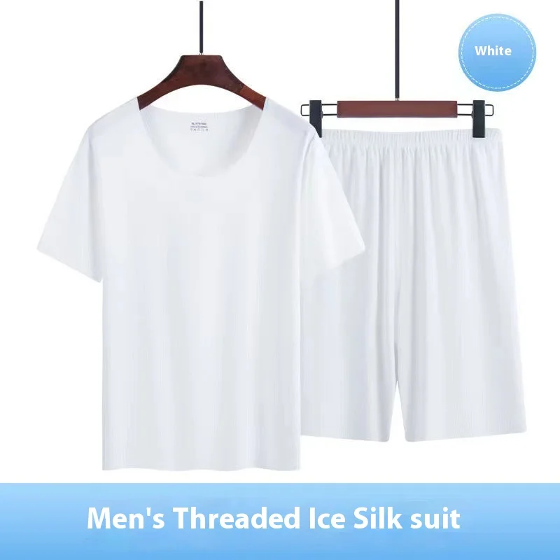 Summer Men's Ice Silk Pajamas Homewear Suit Modal Non-marking Thin Short-Sleeved Men's T-Shirt silk pajamas man pajamas set