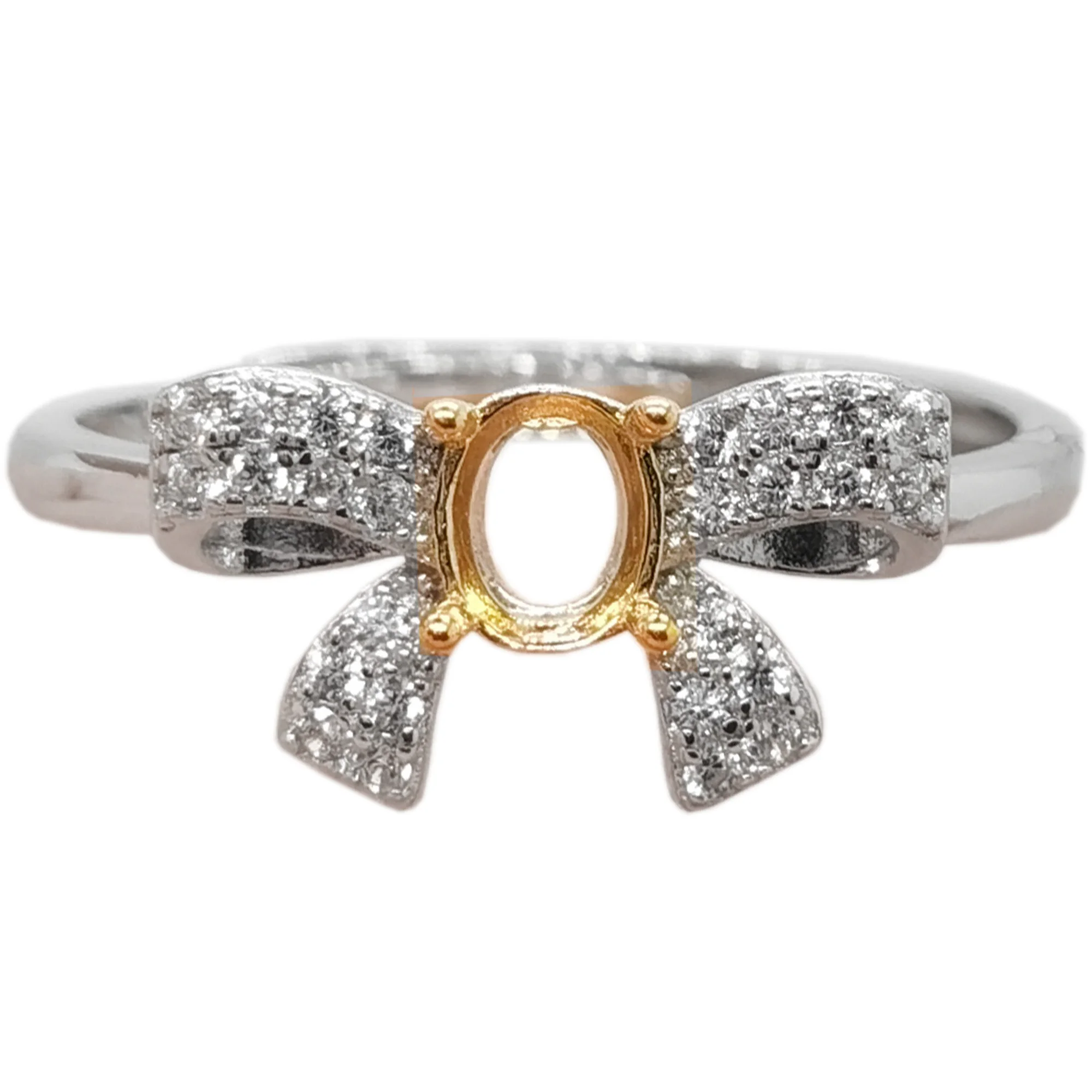 925SilverBowTieRingSetting3Layers18KGoldPlatingGemstoneRing