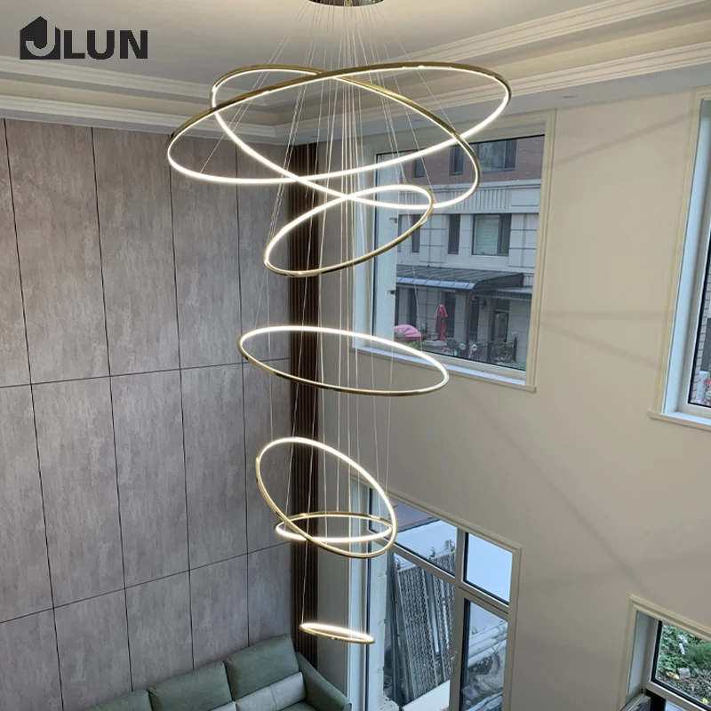 

Duplex building light luxury chandelier villa living room chandelier modern minimalist style circular staircase chandelier