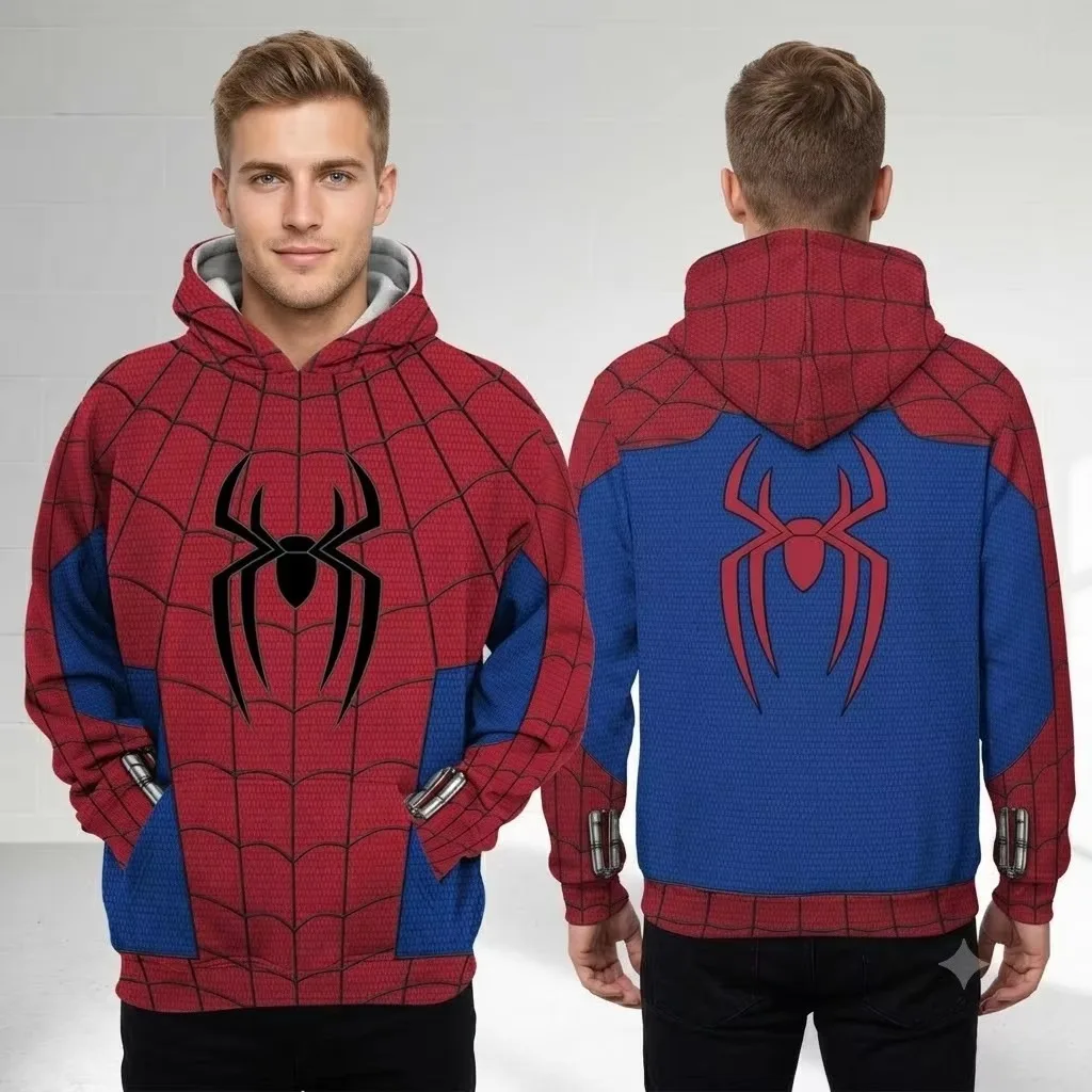 Kapuzenjacke mit Spinnenmuster, Cosplay, rot-blauer Colorblock-Hoodie, lässiger Y2K-Streetwear-Langarm-Sweatshirt-Oberteil, passend für die ganze Familie