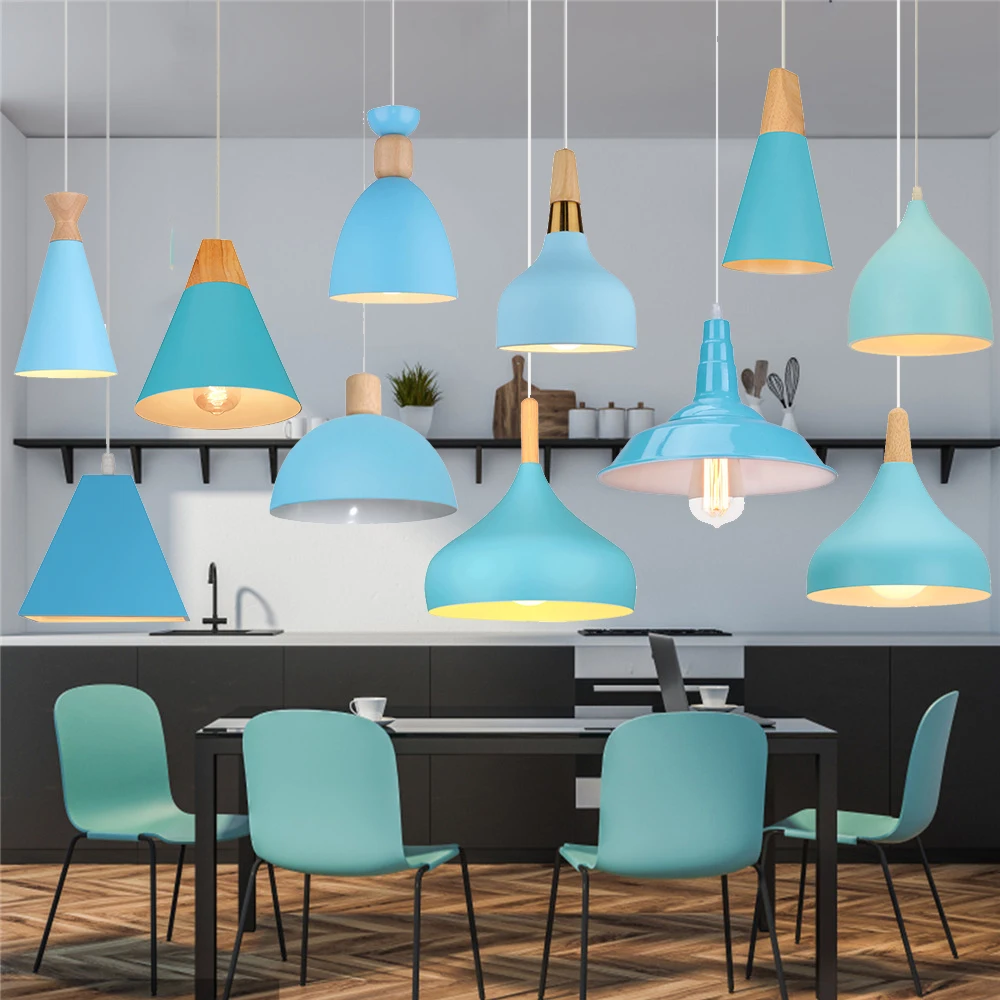 

Pendant Light Nordic Led Minimalist Wooden Iron Hanging Lighting Bedside Modern Restaurant Study Bar Macarons E27 Blue Lampshade