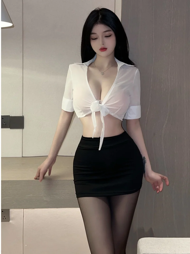 

Uniform Sexy Secretary T-Shirt Women Temptation Mature Charm Pornography Cosplay Lace Up New Perspective Waist Exposure K5NU