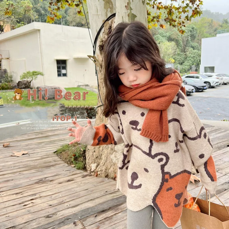 Korean Autumn Winter Children Girl Sweater Cartoon Mushroom Fleece Thick Baby Girl Tops Versatile Knietted Toddler Girl Pullover