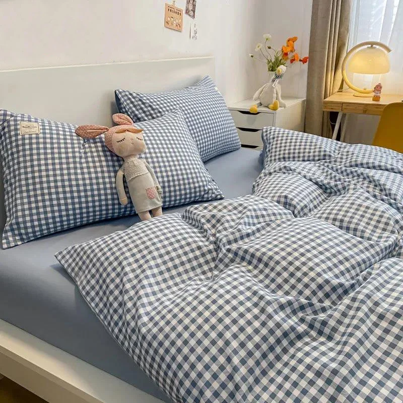 

Fashion printed washed cotton four-piece quilt cover simple plaid three-piece single and double soft quilt cover pillowcase