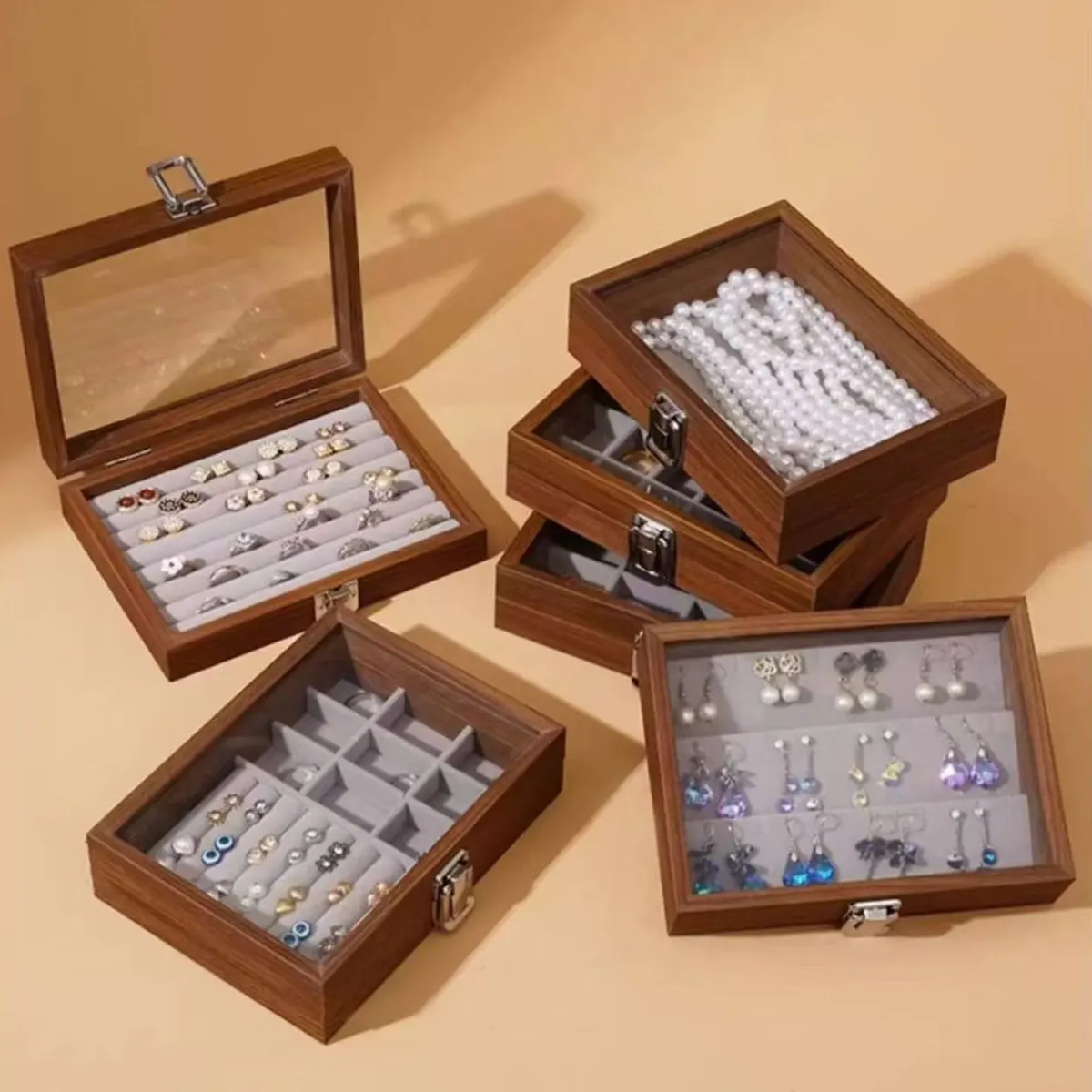 1pc,Vintage jewelry storage box, covered jewelry box, ring box, earrings, bracelets, necklaces solid wood display box - Image 3