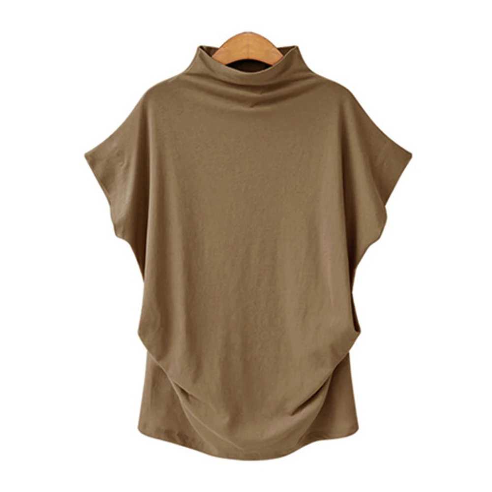 2023 summer women's clothes half high collar bat sleeve upper color polyester cotton loose short sleeve T-shirt women