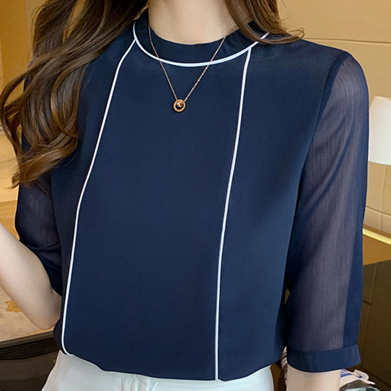 Summer Women's Fashion Blouse O-Neck Blue Chiffon Blouse Shirt Tops Women Short Sleeve Blouse Women Blusas Mujer De Moda Blouses blouses lace splicing hollow out blouse in blue size s