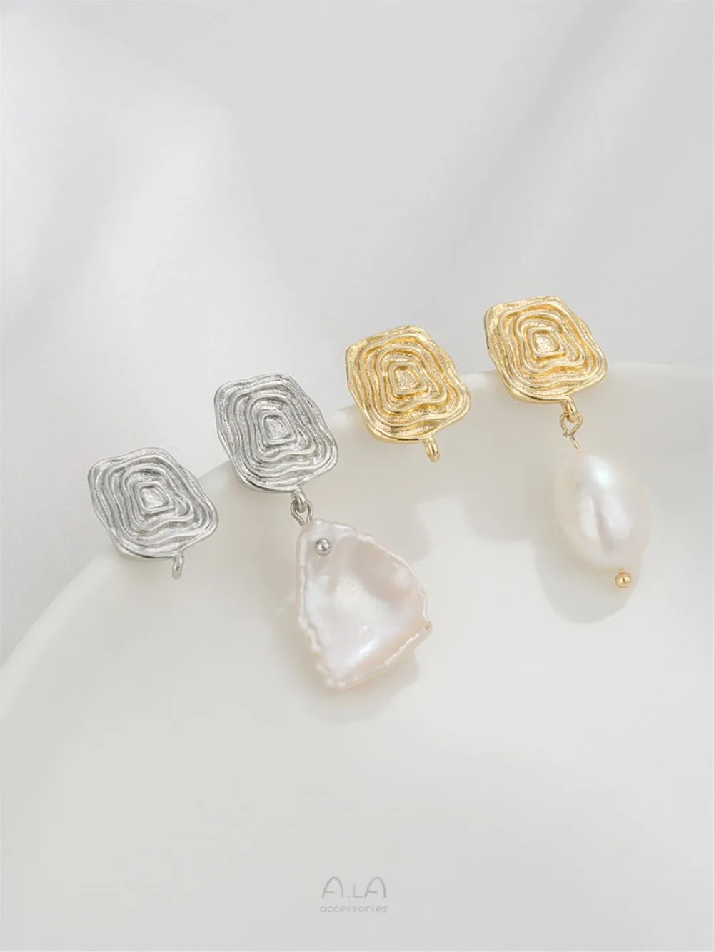 925 Silver Needle 14K Gold Wrapped Tree Pattern Irregular Earrings with Hanging Rings DIY Pearl Earring Accessories E369