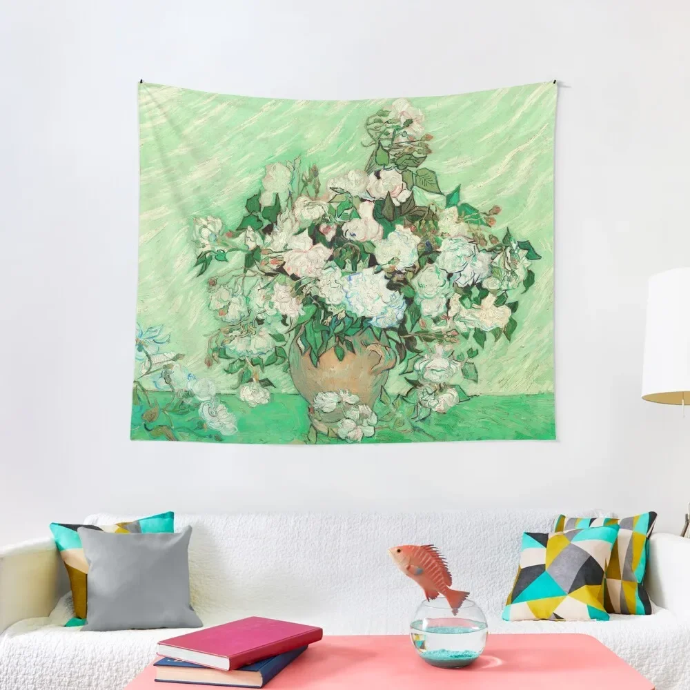 

Pink Roses in a Vase, Green Background Tapestry Wallpaper Home Decor Aesthetic Tapestry