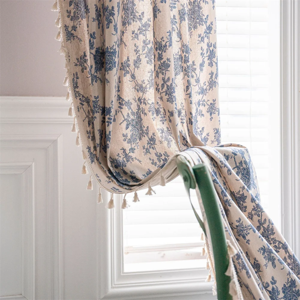 

Leaf Print Window Curtains with Tassels Cotton Botanical Pattern Semi-Blackout Curtain Drape for Bedroom Living Room