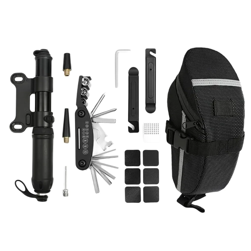 

MultiFunctional Bikes Repairs Tool Set Bikes Tool Set with Storage Bag Portable Wrenches Tire Patchs Bikes Essential Tool