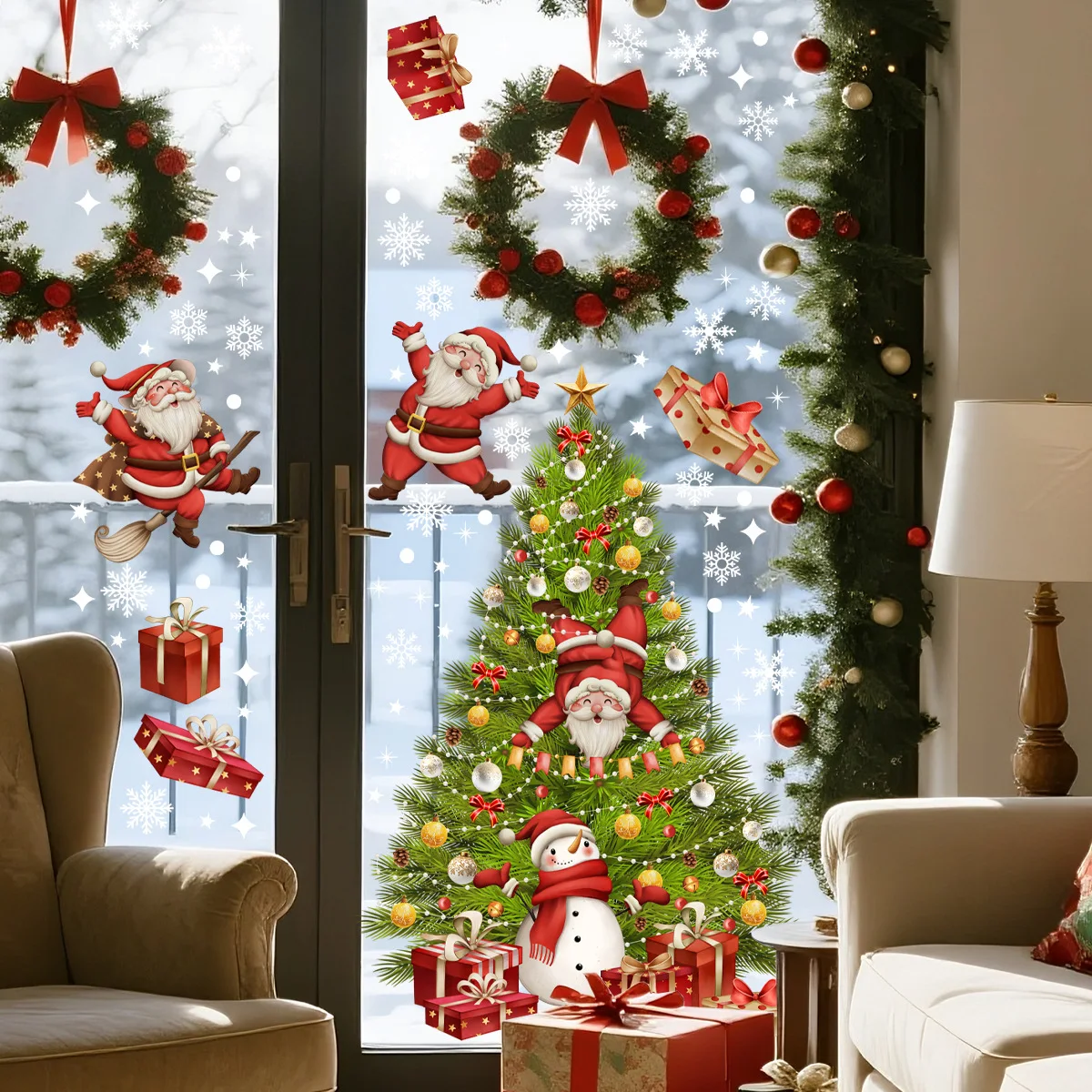 Santa Claus Christmas Tree Snowman Gift Snowflake Window Sticker 30x60cm Double-Sided Static Cling Glass Decal for Home Decor