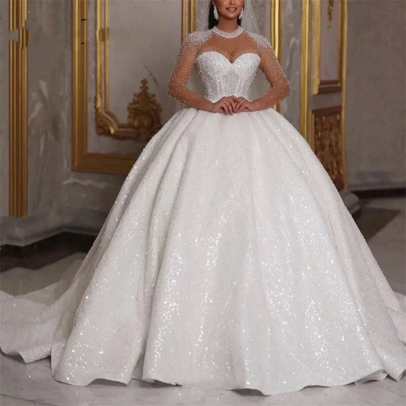SparkleAfricaWeddingDresses2024LuxuryBallGownGlitterBeadsSequinLongSleevesSexy