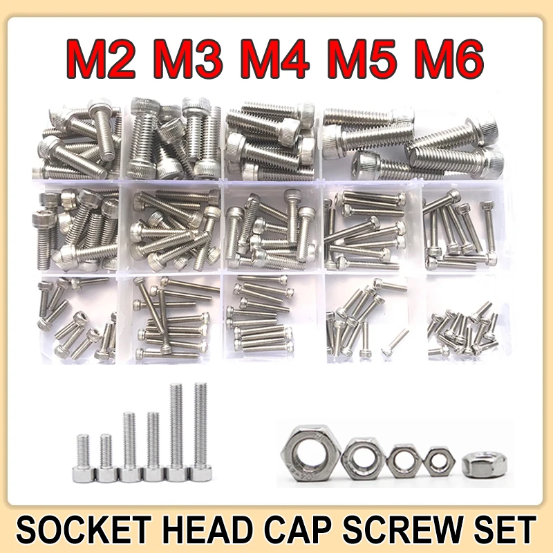 Cabeça de Copo Inoxidável Sextavado Cabeça Soquete Parafuso Porca Rosca Métrica Máquina Sextavada Allen Parafuso Sortimento Kit m2 m3 m4 m5 m6 304