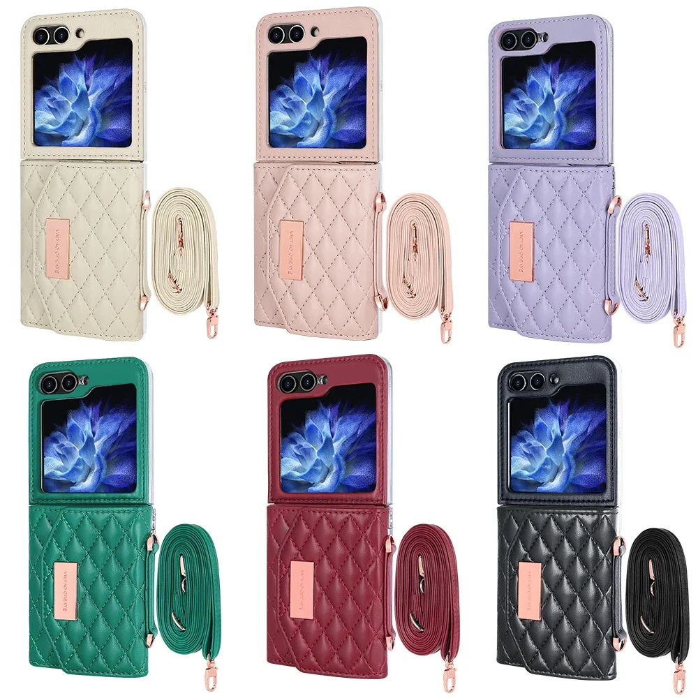 Δερμάτινη θήκη πορτοφολιού Crossbody Cards Solt για Samsung Galaxy Z Flip 6 5 4 3 5G Flip6 Flip5 με λουράκι και τριπλή αναδίπλωση Diamond Bag Cover_voghion.com