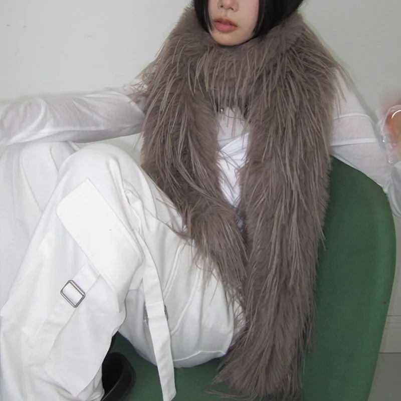 Brown Long Hair Scarf Solid Color Plush Shawl Winter Warm