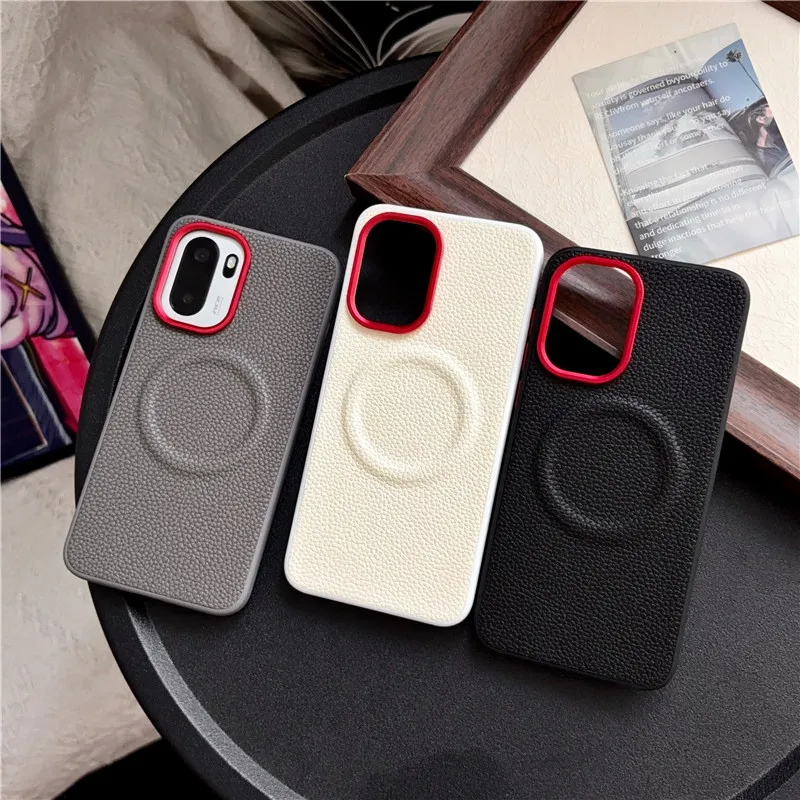 Luxury Magnetic Lychee Pattern PU Leather Non-Slip Phone Case with Metal Camera Frame