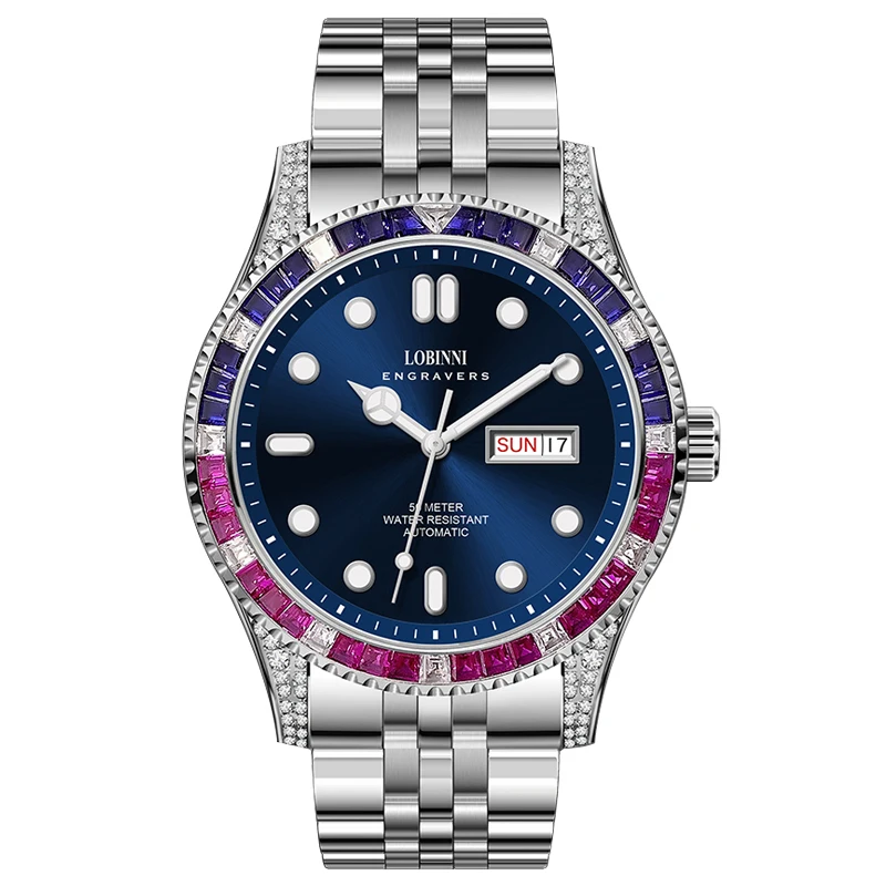 

Lobinni Men Automatic Watch 42.5mm Luxury Mechanical Wristwatch 50m Waterproof Luminous Sapphire Diamond Bezel Week Date