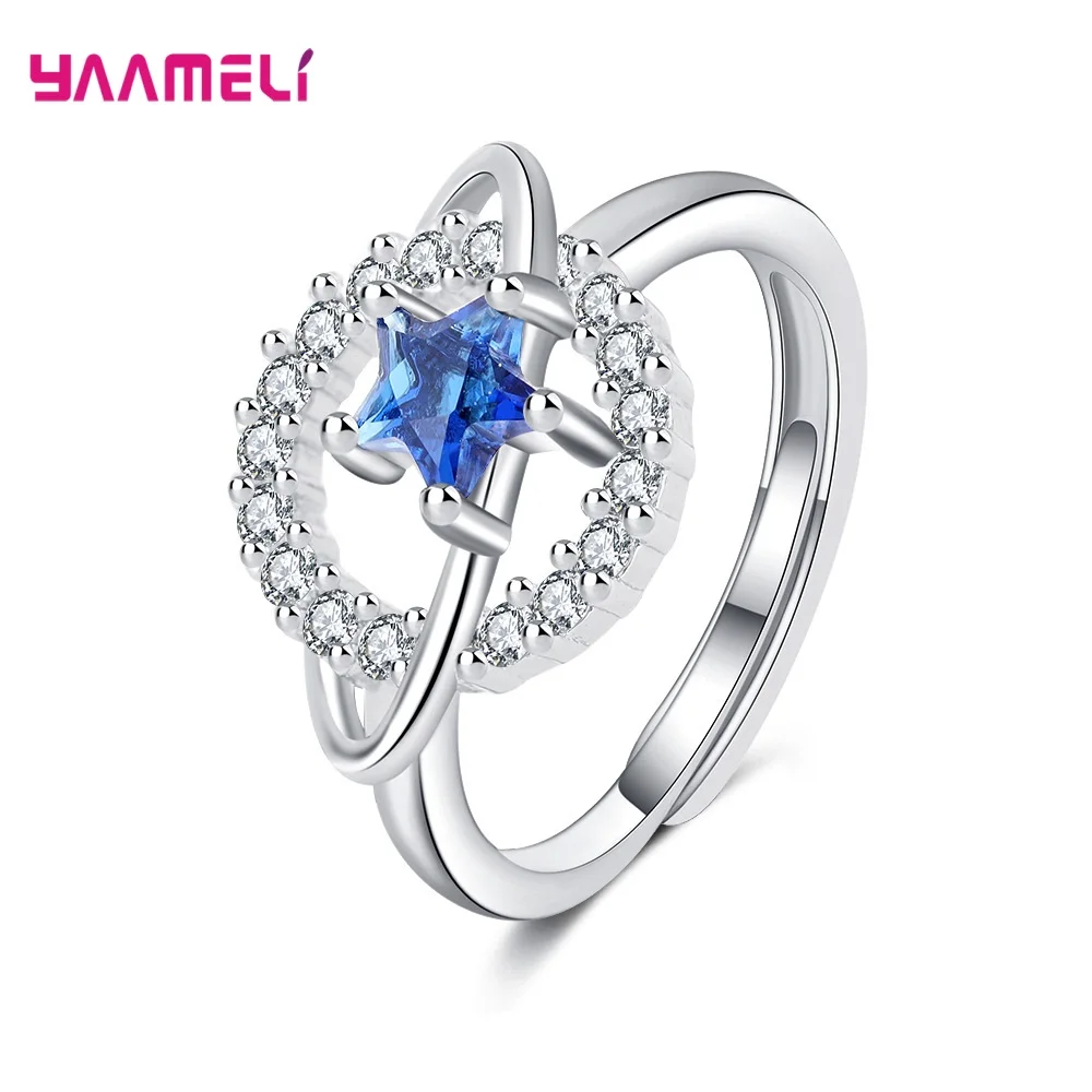 

925 Sterling Silver Retro Fashion Blue Star Crystal Statement Adjustable Rings For Women Girls Trendy Jewelry Wholesale
