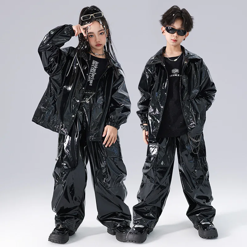 Children's Boys Gilrs Party Fashion Show Shiny Leather Jacket Pant Sets Kids Stage Dance Performance Clothes Coat Trousers Suits