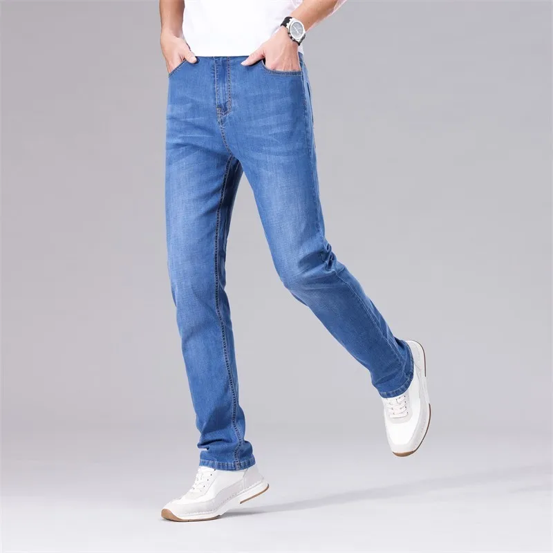 Men's Stretch Denim Jeans Thin New Business Casual Straight Pants Black Blue Trousers Daily Male Trousers Dropship Plus Size 4