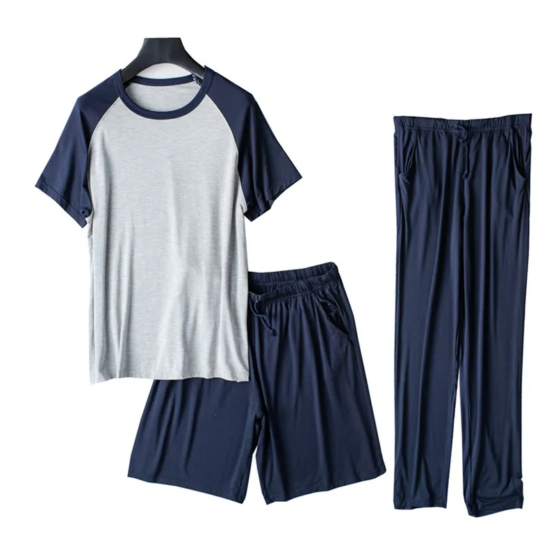 M-3XL Pijamas De Hombre New Loose Men's Home Clothes Short Sleeve Three Pieces Set Patchwork Color Summer Pajamas Sleepwear Suit