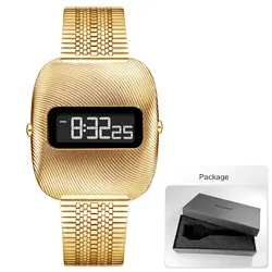 Unisex Retro Design Waterproof Digital Watch with Stainless Steel Strap (Golden - Box)