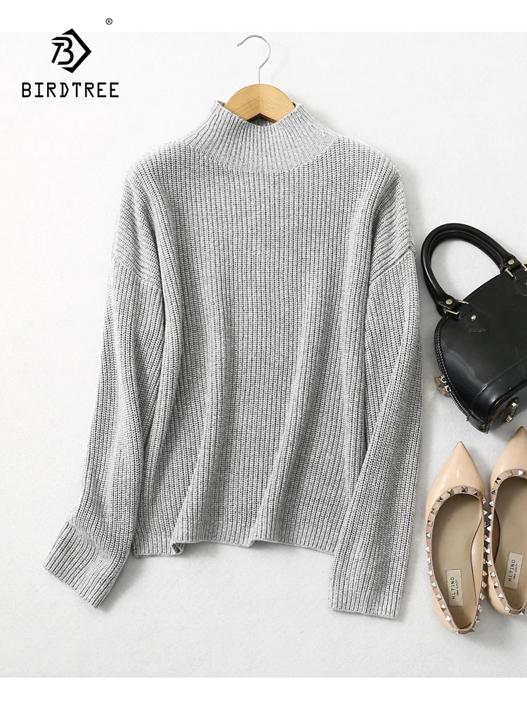 

Birdtree 85% Silk 15% Cashmere Thin Type Sweaters Warm Mock Neck Everyday Long Sleeve Solid Pullover Sweater Winter T3D146QC