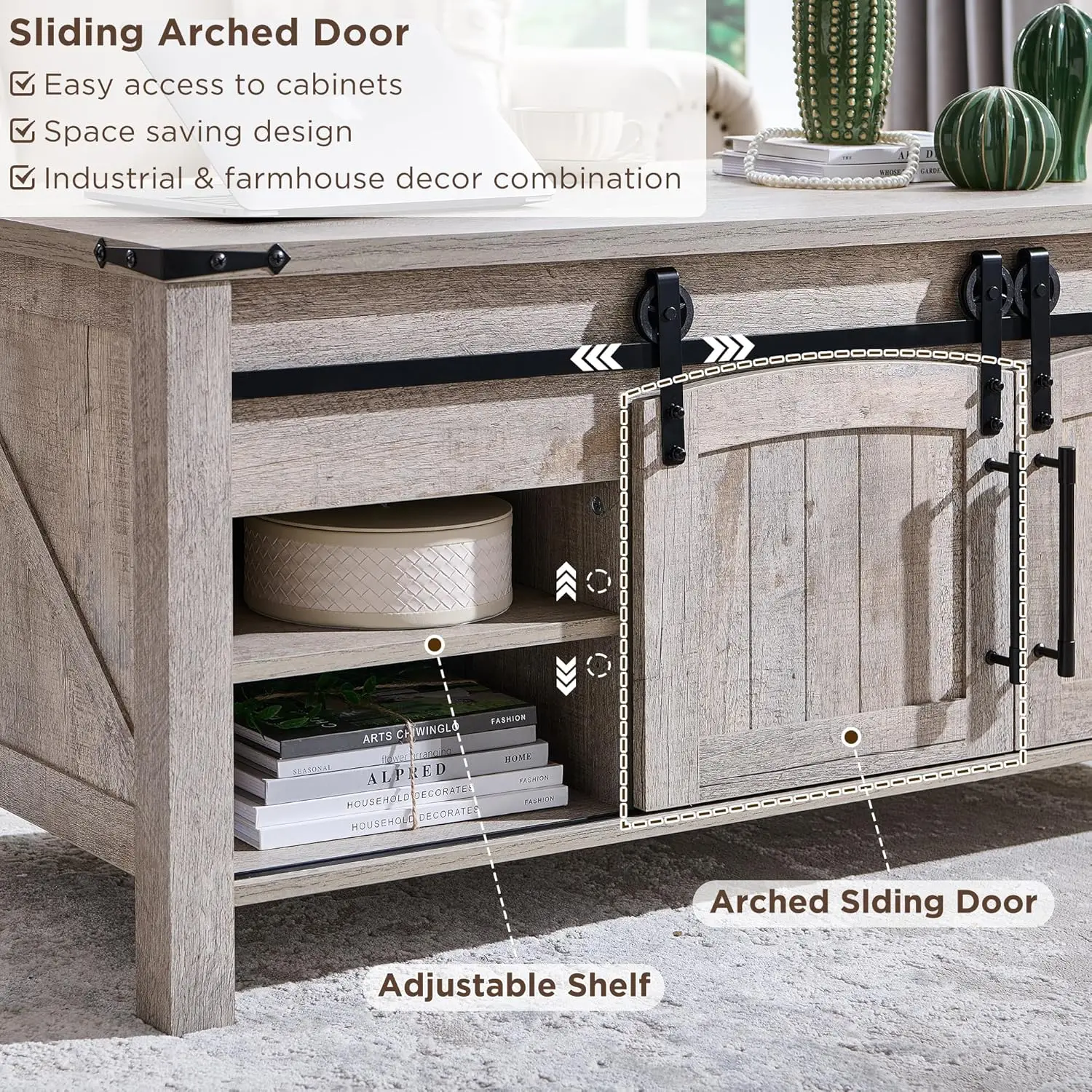 Farmhouse Lift Top Coffee Table with Sliding Door,48"Large Rustic Center Table with Hidden Storage Compartment, Lifting Tabletop