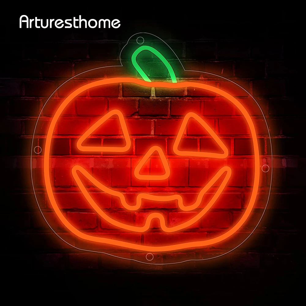 

ARTURESTHOME Pumpkin Shaped Neon Sign LED Neon Light Orange Green Acrylic Halloween Art Wall Decor Lights Battery or USB Powered