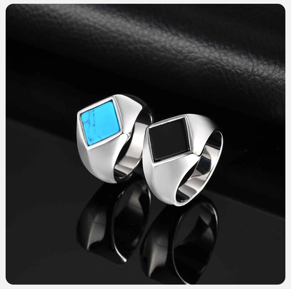 Vnox Edelstahl Türkis Schwarz Onyx Geometrischer Ring für Männer, Punk-Siegelring, Schmuckgeschenk zum Geburtstag, Valentinstag – Detail 6
