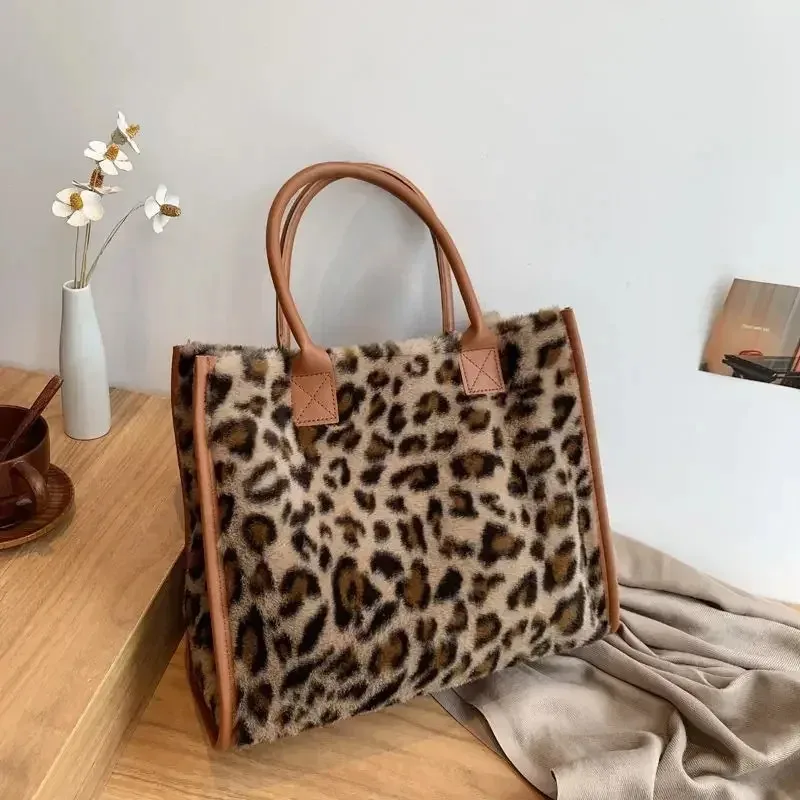 Winter Autumn Faux Fur Leopard Print Designer Shopper Totes Fashion Soft Women Shoulder Bags Large Capacity Handbag