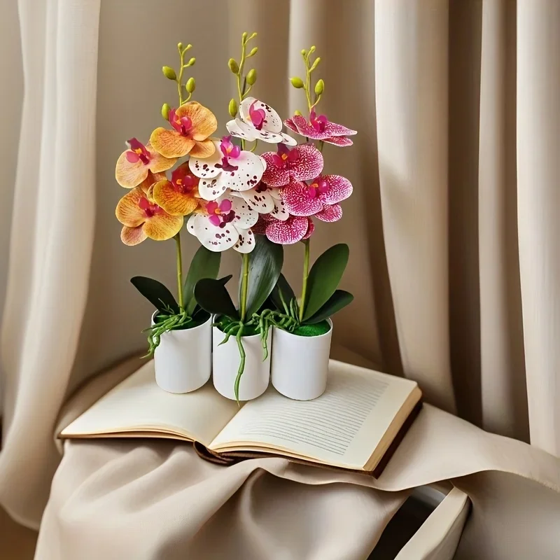 4 نباتات أوركيد مقلدة بالزهور مناسبة لغرفة النوم والمكتب وحفلات الزفاف ونباتات بونساي بما في ذلك الأواني