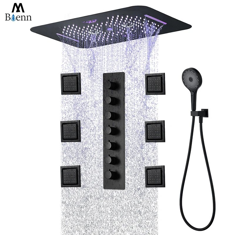 

M Boenn 6 Functions Matte Black Shower Set Thermostatic Mixer Embedded Muisc LED ShowerHeads High Pressure Bathroom Faucet Brass