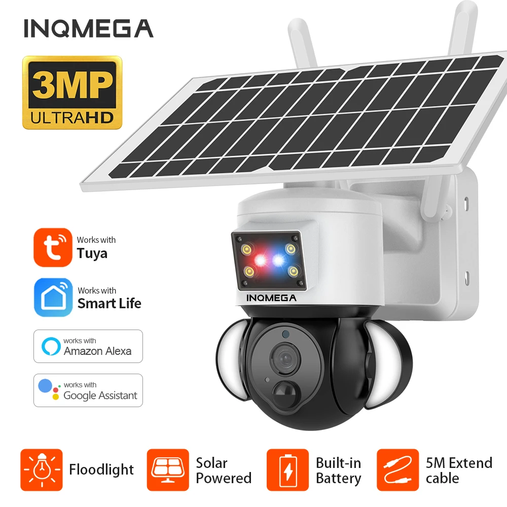 INQMEGA 3MP Tuya Solar Panel Camera WIFI Battery Surveillance Camera Security Protection Video CCTV Camera PIR Motion Alarm Cam
