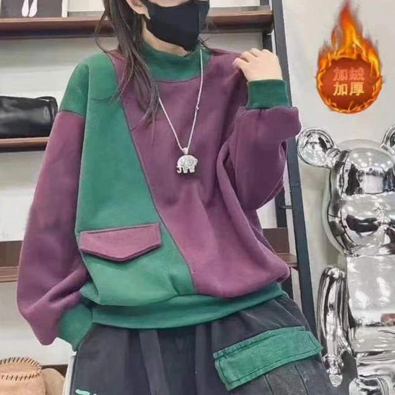 New Women Korean Vintage Contrast Color Patchwork Fleece Sweatshirt Casual Streetwear Long Sleeve Loose Pullover Tops Y2K Hoodie