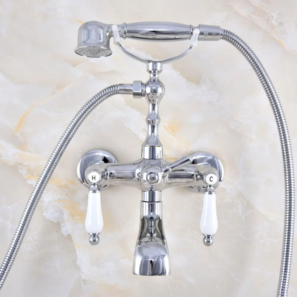 

Silver Chrome Brass Wall Mounted Bathroom Bath Tub Faucet Set WITH/ 150CM Handheld Shower Spray Head Mixer Tap Dtf864