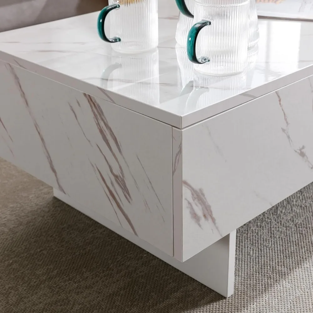 41" Marble White Cool Coffee Table for Living Room,Rectangular Glossy Smart Contemporary Center Table for Waiting Area, 5