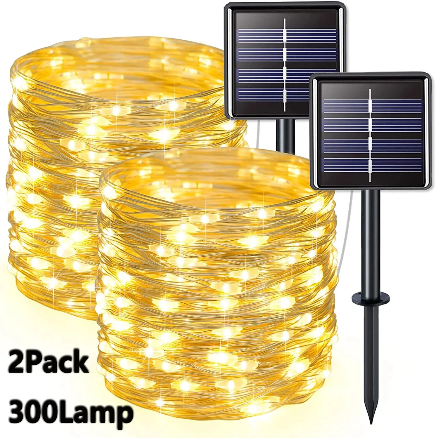 2 Pack Solar Fairy Lights 300LED Solar String Lights Outdoor Waterproof 8 Modes Copper Wire Twinkle Light