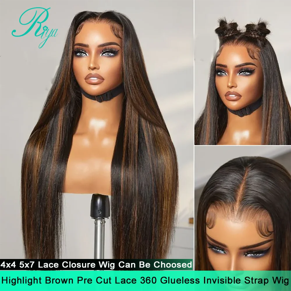 34 Inch Silk Straight Wig Per Cut Lace 4x4/7x5 Glueless Wig Highlight Brown Human Hair Hidden Strap 360 Glueless For Women