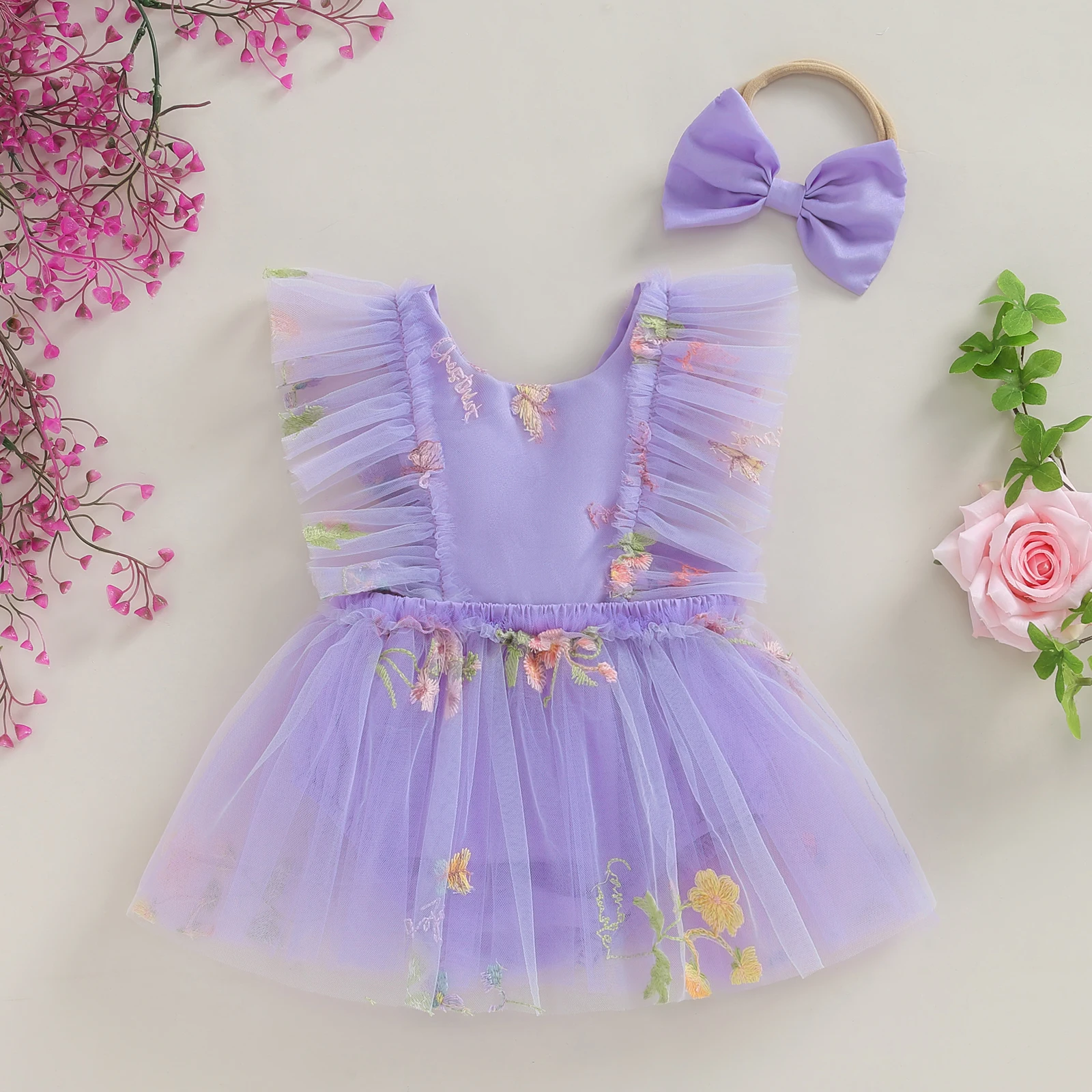 Summer Infant Baby Girl Outfits Ruffle Sleeveless Floral Embroidery Tulle Skirt Bodysuit Headband Clothes Set 6