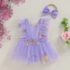 Summer Infant Baby Girl Outfits Ruffle Sleeveless Floral Embroidery Tulle Skirt Bodysuit Headband Clothes Set 6