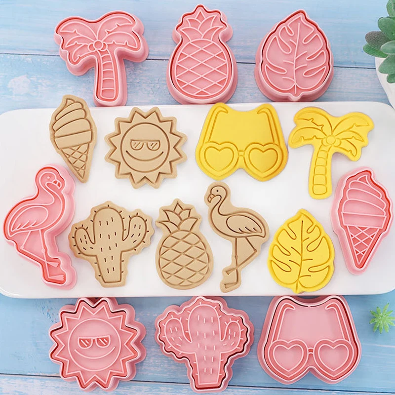 

8Pcs Summer Beach Cookie Embosser Mold Hawaiian Flamingo Palm Leaf Cactus Pattern Fondant Craft Baking Cake Decorating Tools